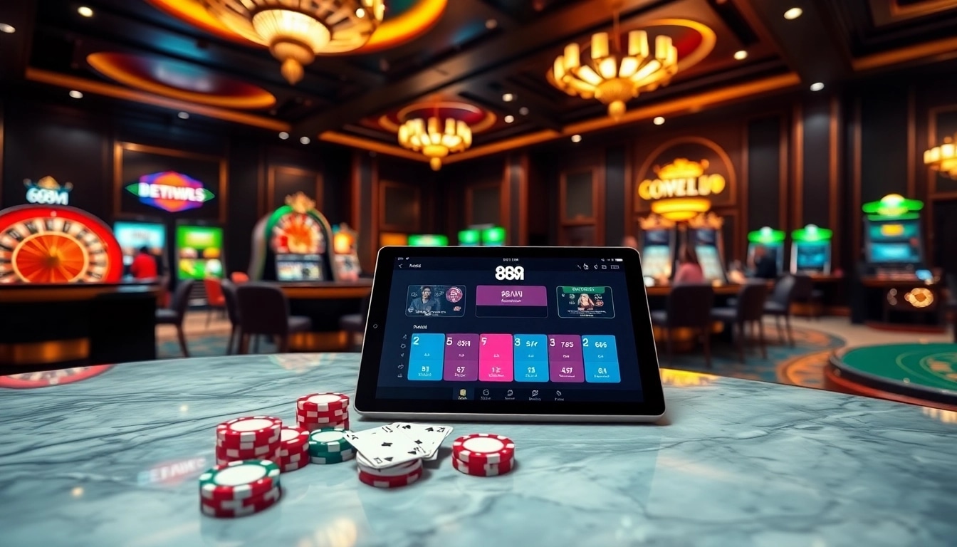 An exciting 888VI online casino experience featuring roulette, slot machines, and poker tables.