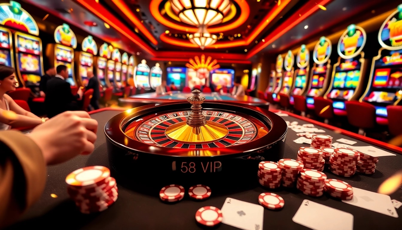Experience excitement with Link Vào Nhà Cái 68VIP at a luxurious casino scene featuring roulette and poker.