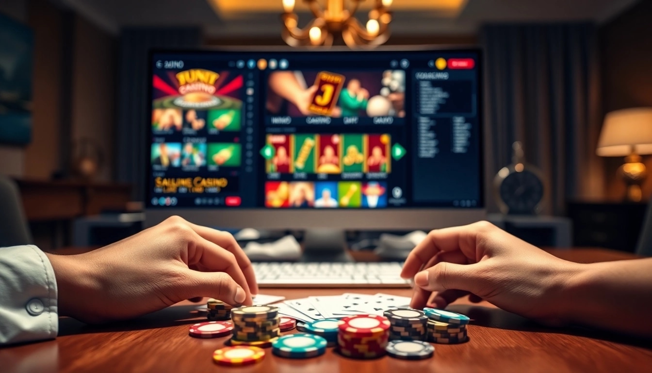 Spielen von Casinospielen.de auf einem eleganten Desktop-Setup mit Spielkarten und Jetons.