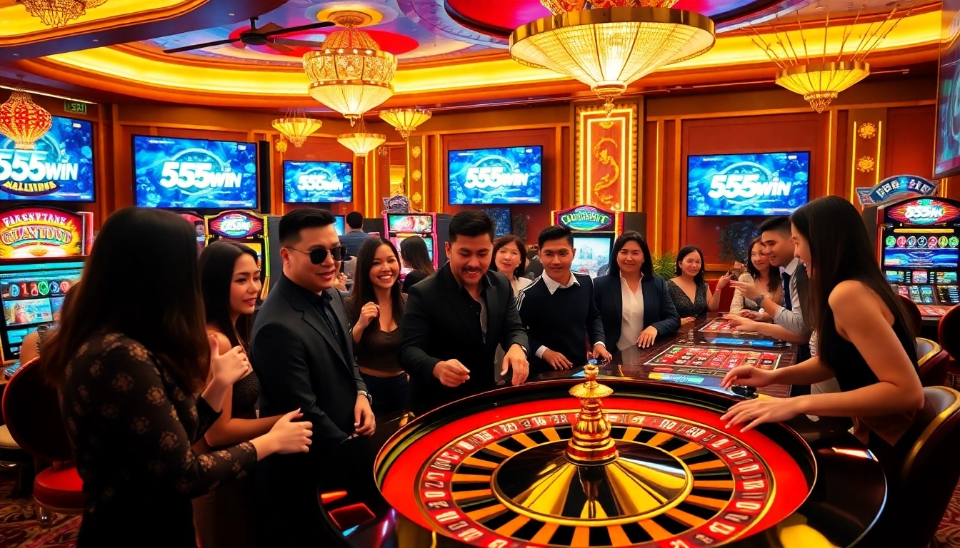 Gamblers enjoying an exciting game at 555win casino with vibrant roulette and slot machines.