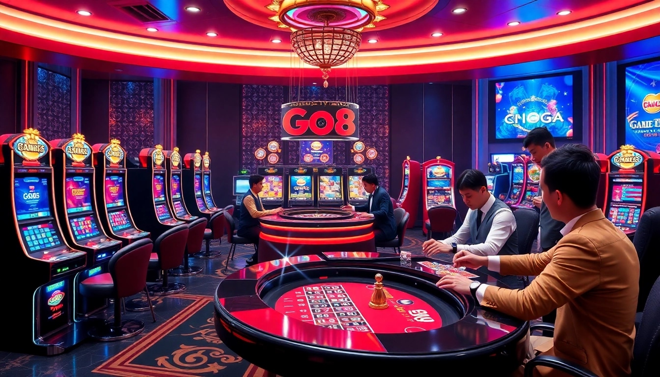 Experience the thrilling Go8 casino atmosphere with vibrant slot machines and poker action.