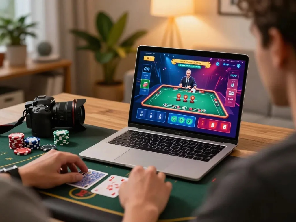 Engaged player using 777vip platform for live dealer games in a cozy home office setting