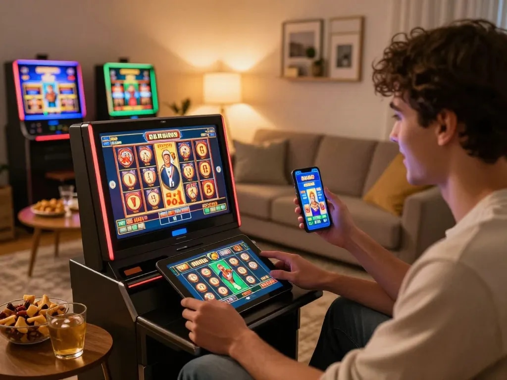Player celebrating a win on slot depo 5k while gaming at home with multiple devices.