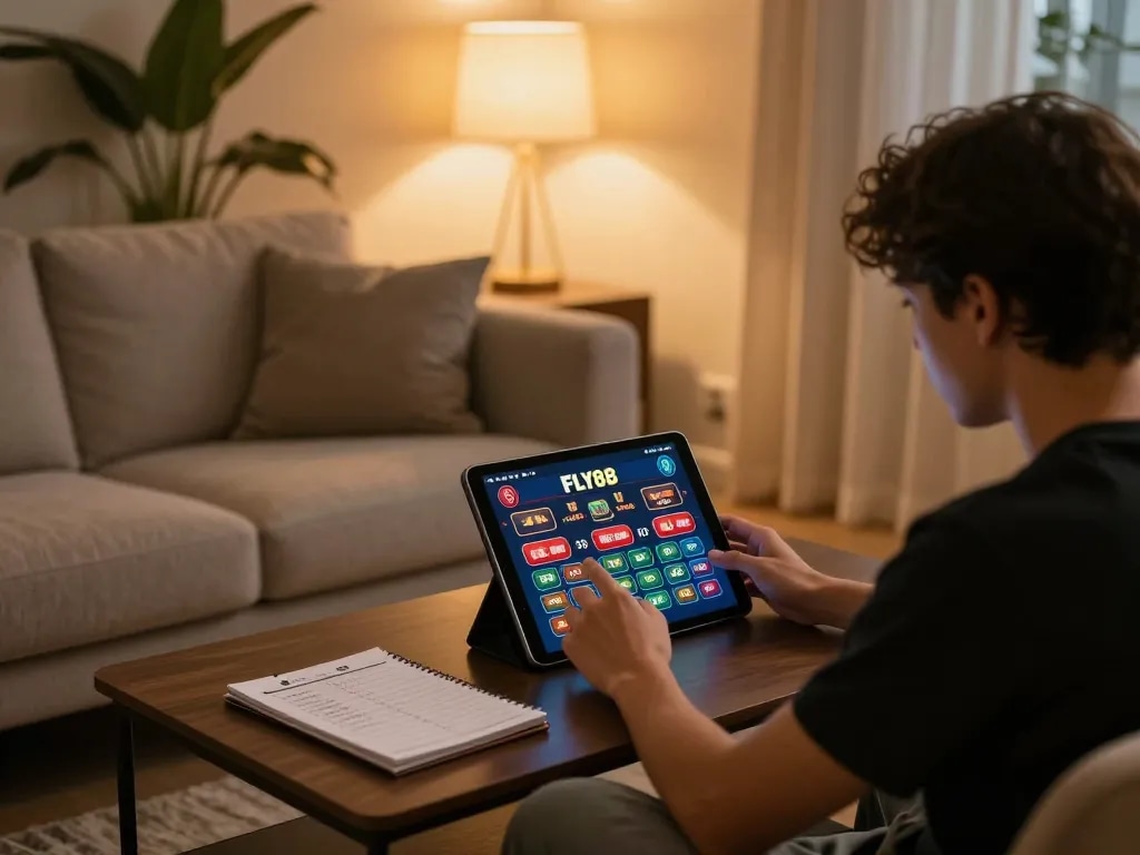Fly88 user engaged in online gaming on tablet at home, showcasing strategic betting in cozy atmosphere