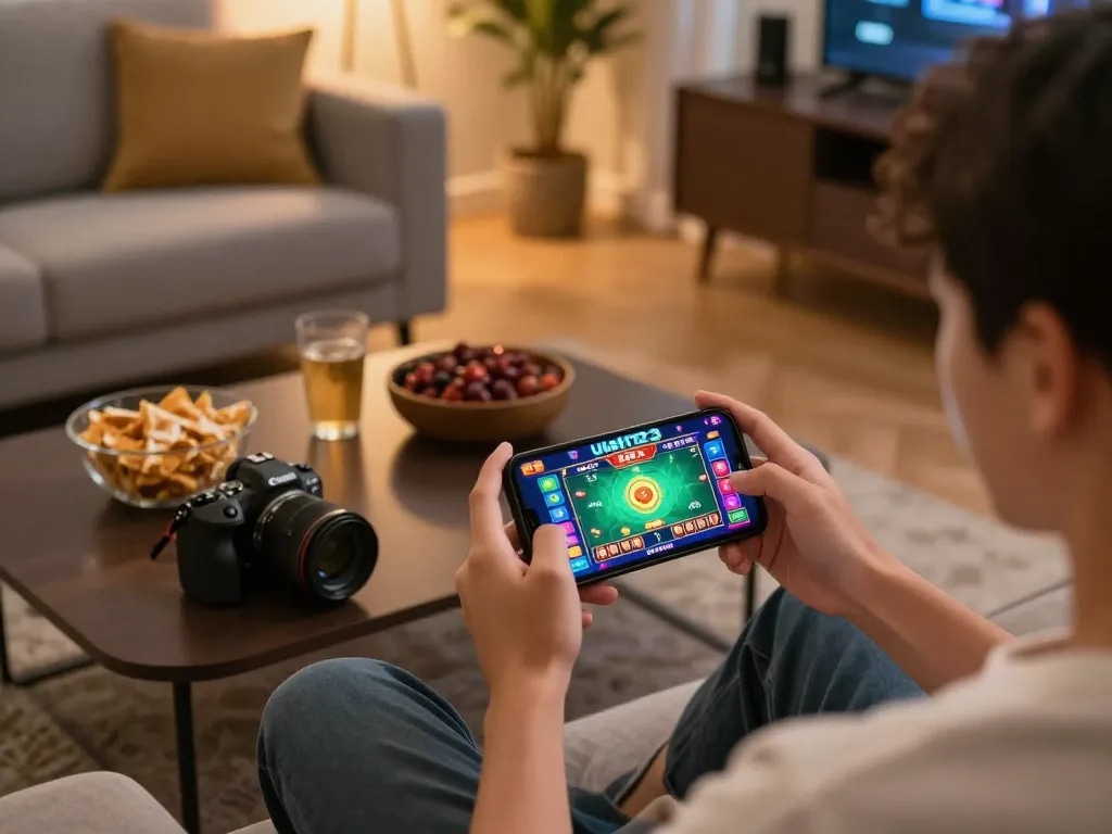Saat menarik dari seorang pemain yang menggunakan aplikasi Ulat123 di smartphone untuk bermain game online dengan camilan di samping mereka.