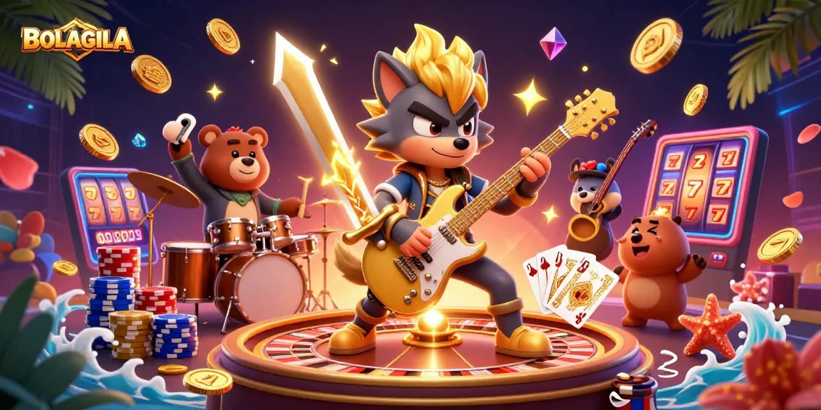 Engage with BOLAGILA's vibrant 3D illustration showcasing thrilling casino action with rock star characters and dynamic game elements.