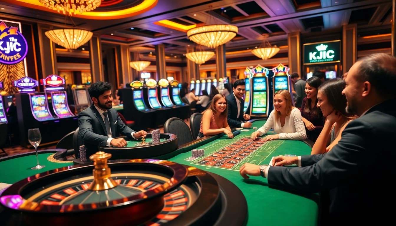 KJC casino players enjoying a thrilling night with poker games and slot machines.