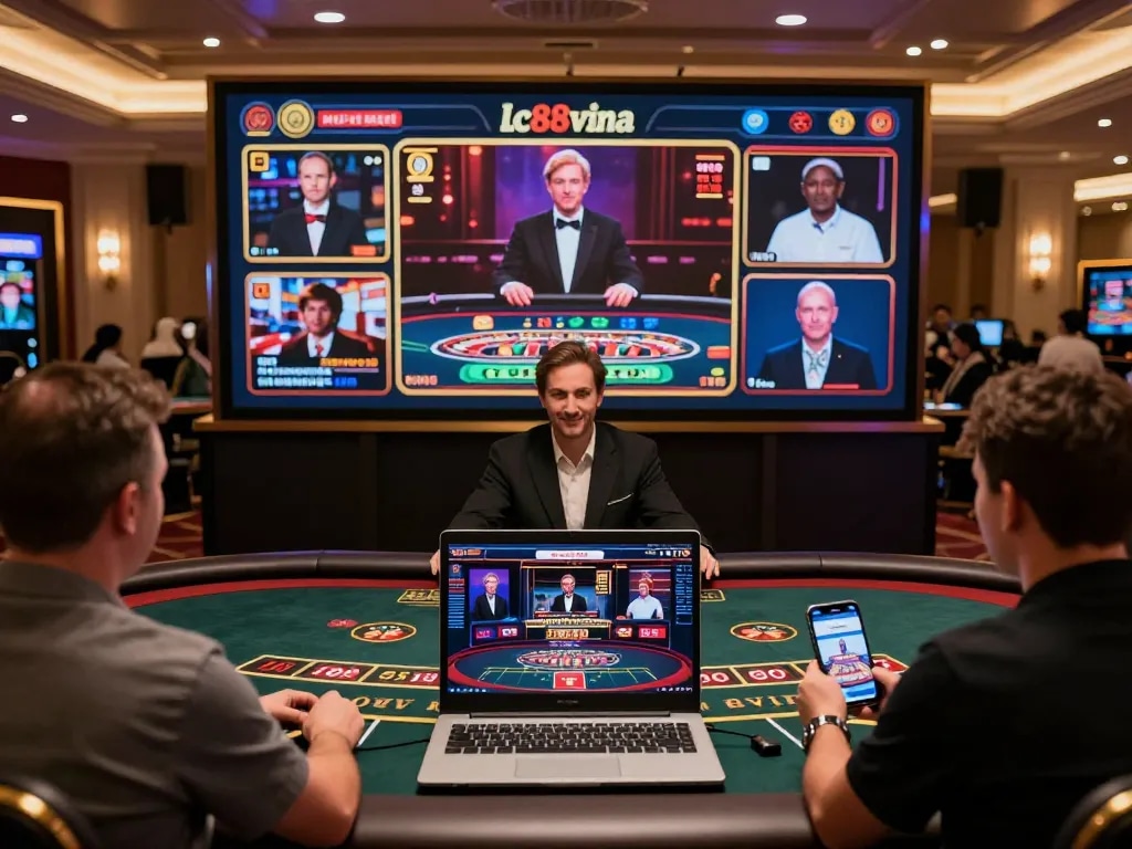 Players engaging with live dealers on the lc88vina app, showcasing a vibrant online casino atmosphere.