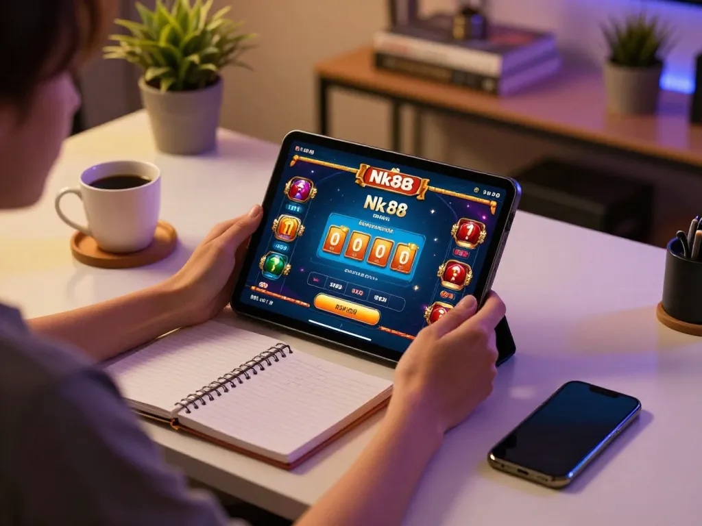 Nk88 win rewards displayed on a tablet during an online gaming session, featuring a cozy gaming atmosphere with personal touches.