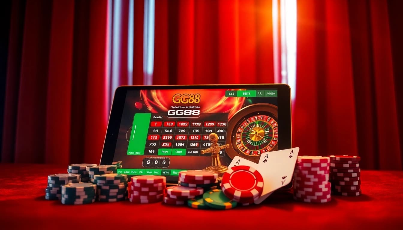 Experience the excitement of GG88 with vibrant casino visuals featuring poker chips and roulette.