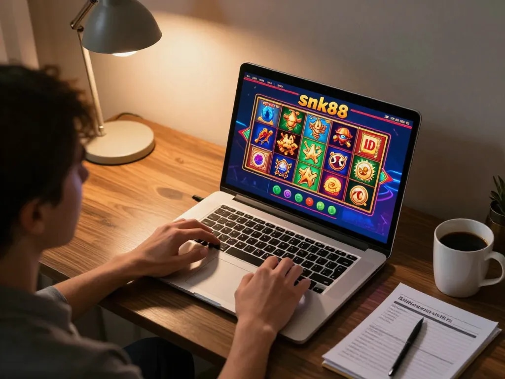 Player engaging with snk88's slot game on laptop, showcasing a rich gaming atmosphere.