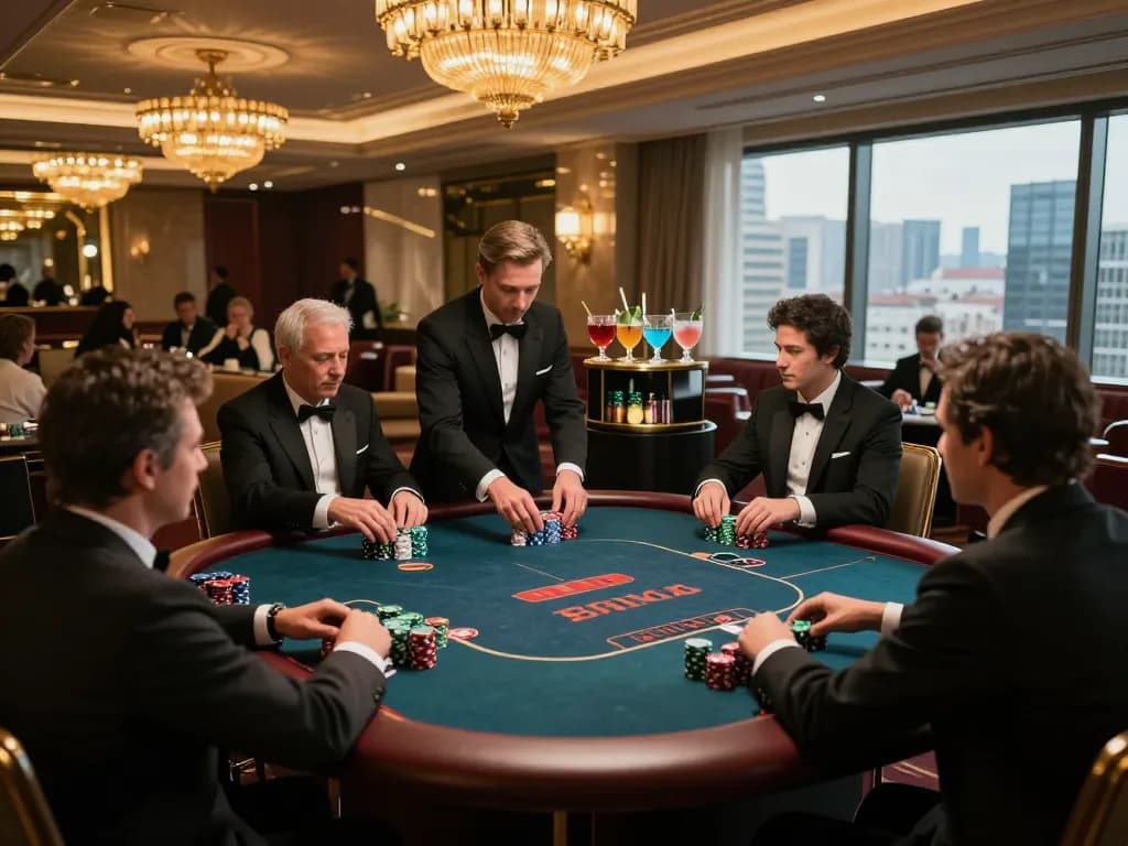High-stakes poker action in a luxurious VIP area at a casino, showcasing players with chips during an intense game of cm8888.