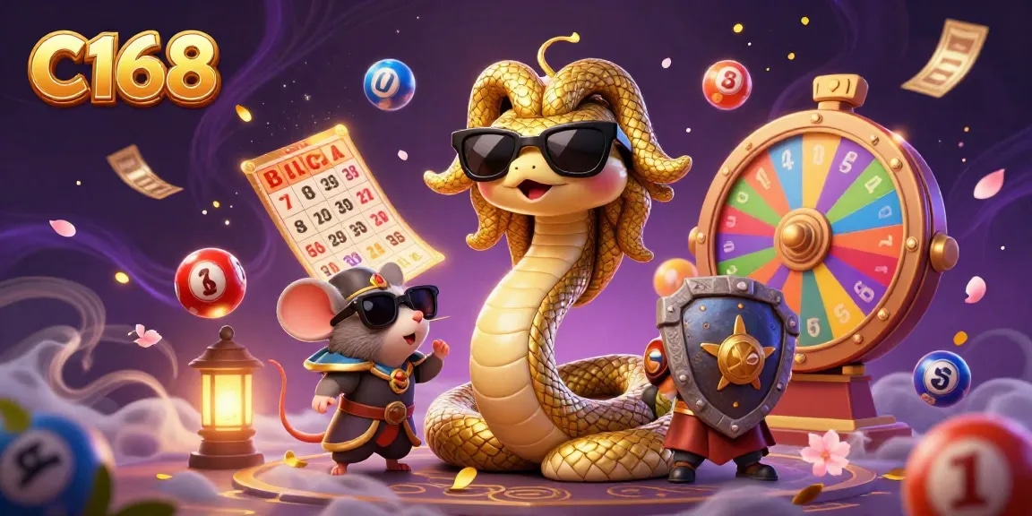 Engage in the thrilling atmosphere of C168 with vibrant lottery elements and characters in a dynamic casino setting.