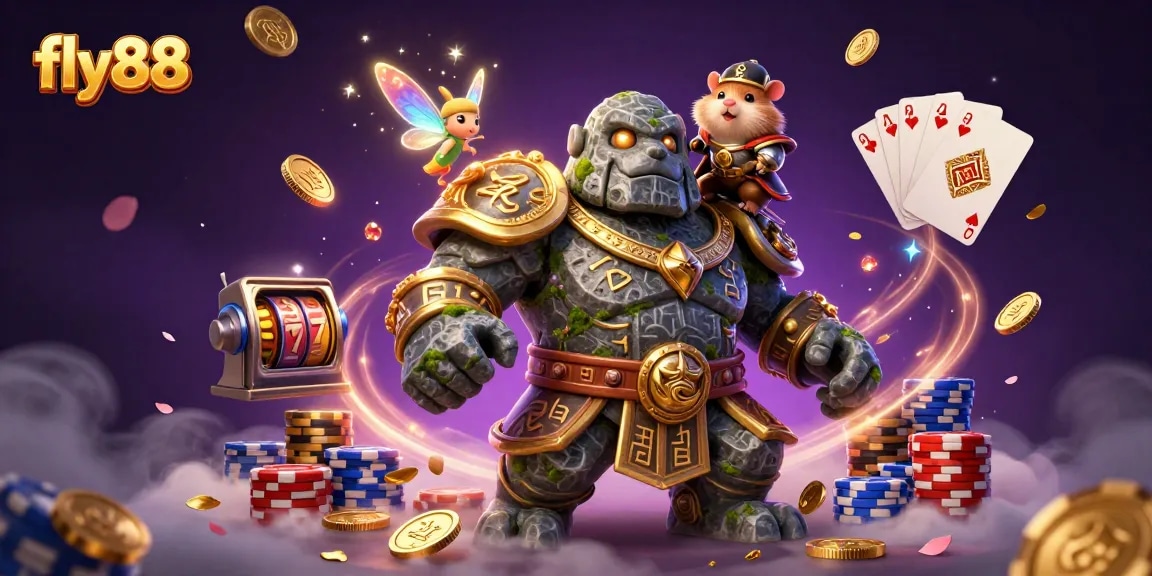 Fly88 brings excitement to slots with 3D golem guardian, coins, and vibrant casino elements.