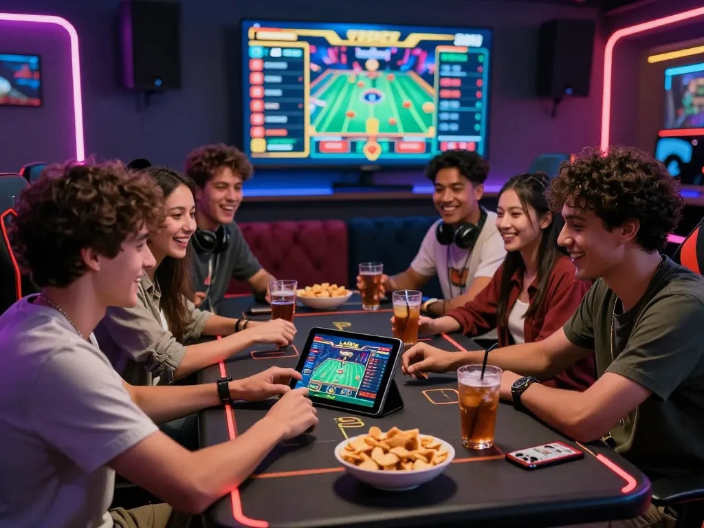 Group enjoying live casino games on bong99 with engaging gameplay and snacks.