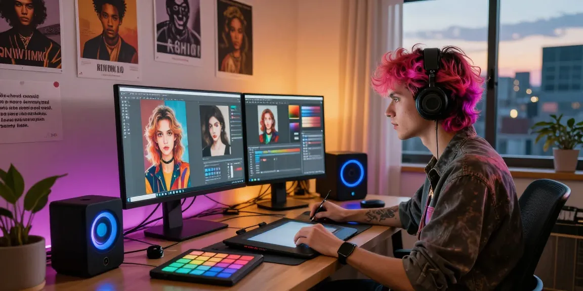 Creating NSFW AI-driven digital art in a vibrant studio environment with creative tools and city view.