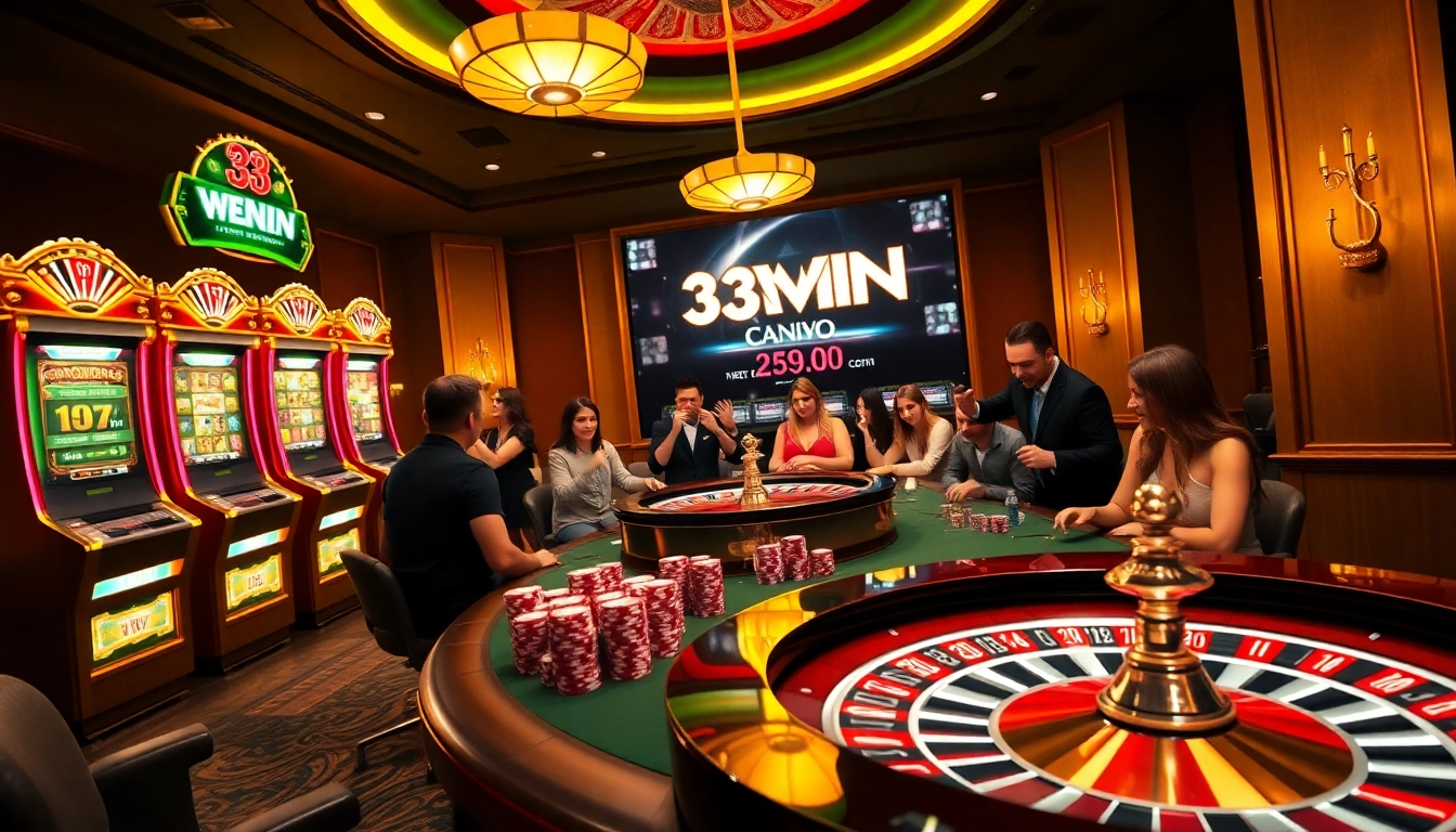 Experience thrilling gaming at 33WIN with dazzling casino elements like poker chips and slot machines.