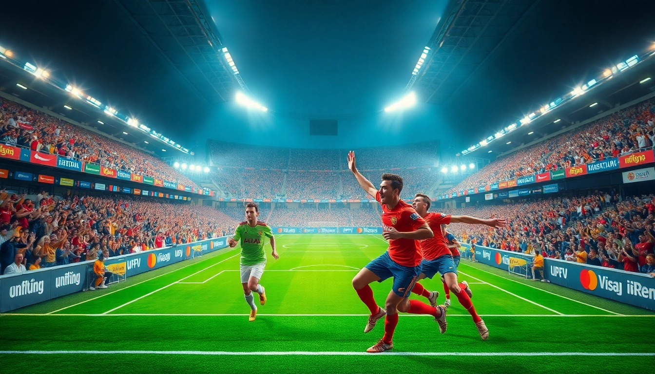 Lịch thi đấu football action in a lively stadium with enthusiastic fans and players.