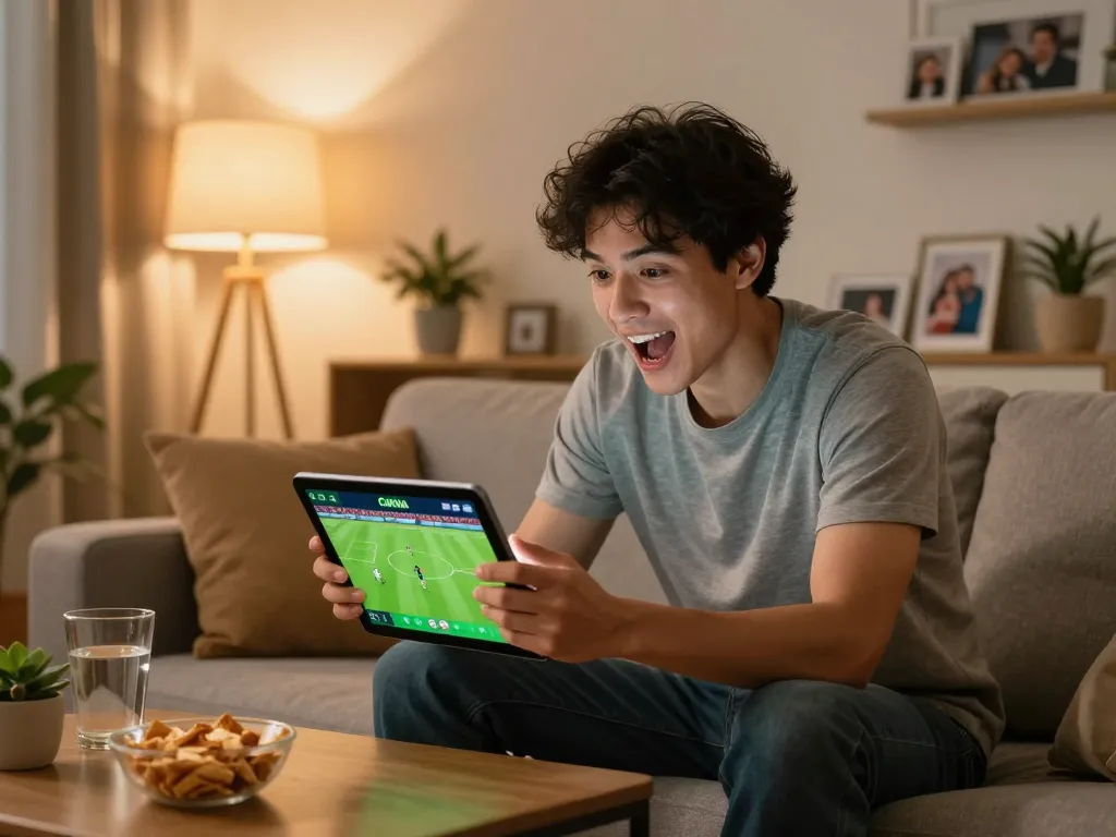 Cakhia app being used by a sports fan placing bets while watching football at home.