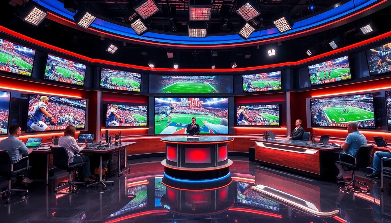 Engaging live sports broadcasting with dynamic host setup and vibrant screens displaying various events.