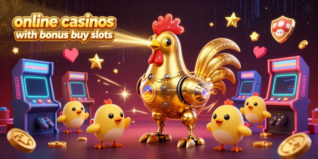 Engage with online casinos with bonus buy slots featuring a golden rooster robot and baby chick drones in a vibrant casino scene.