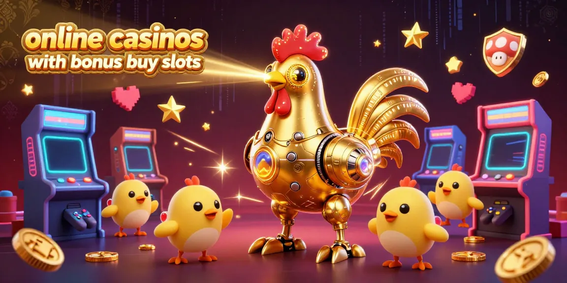 Engage with online casinos with bonus buy slots featuring a golden rooster robot and baby chick drones in a vibrant casino scene.