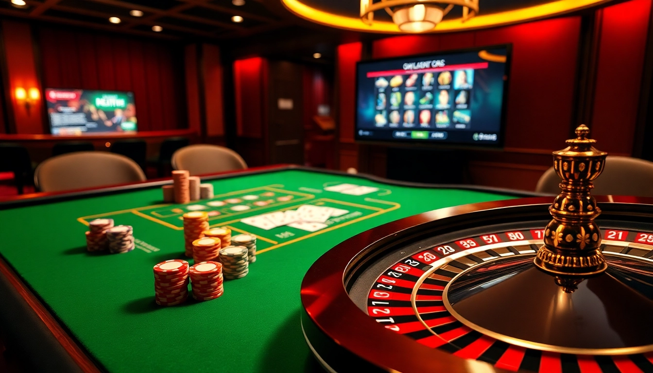 Experience the excitement of gambling at https://rr88.center/ with a vibrant casino scene featuring poker chips and a roulette wheel.