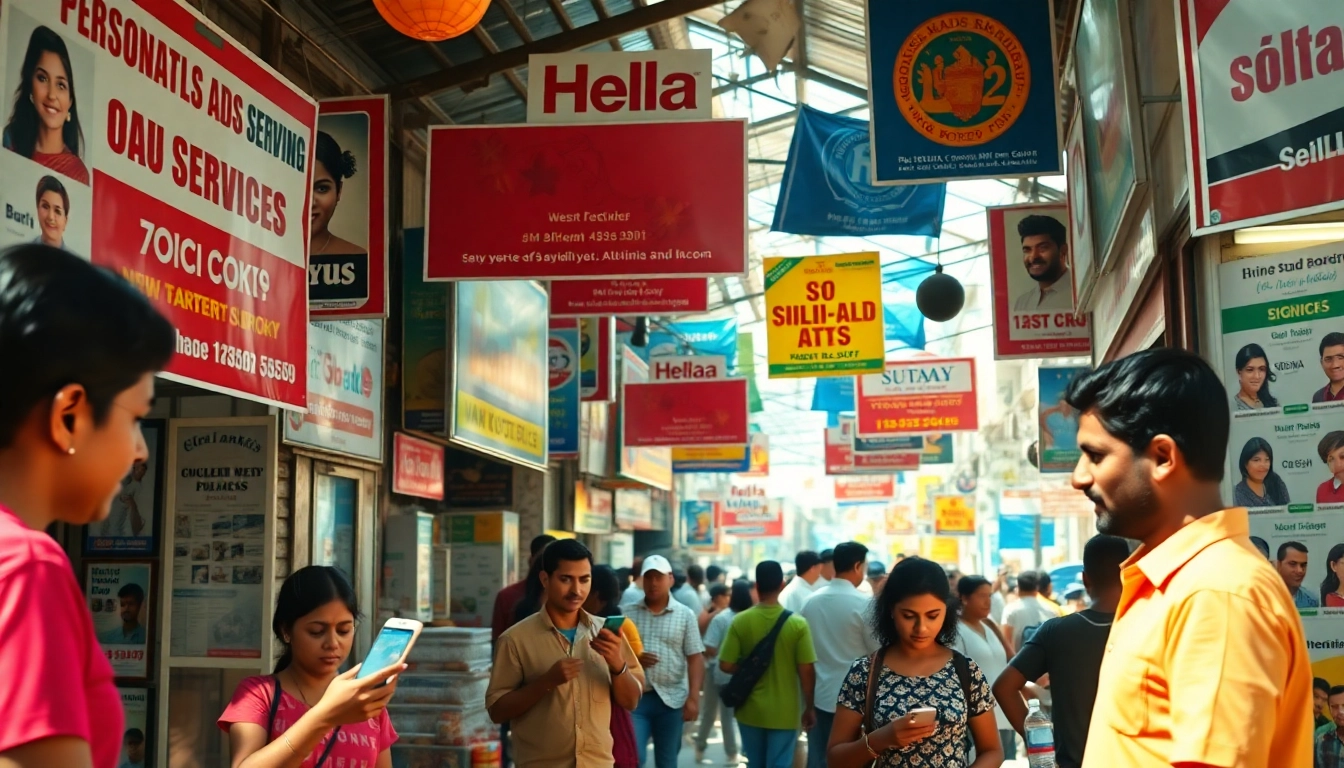 Explore Hela Ads in a vibrant Sri Lankan marketplace with colorful advertisements and community engagement.