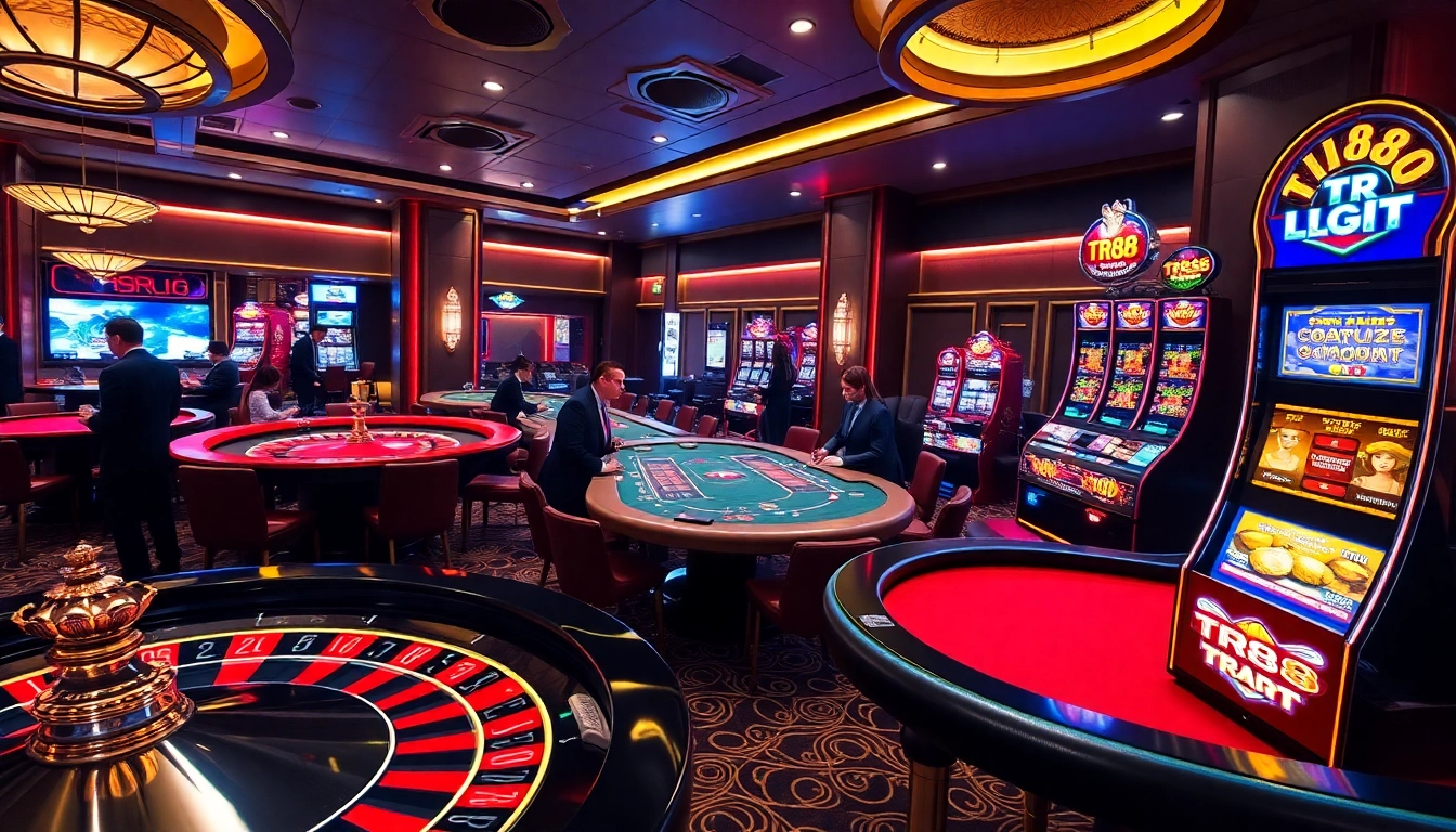 Players enjoying a high-stakes TR88 casino experience at a poker table, surrounded by vibrant slot machines.
