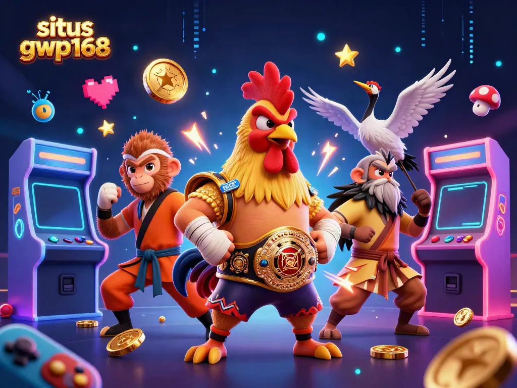 Ilustrasi situs gwp168 menampilkan ayam Muay Thai dan monyet seni bela diri di lingkungan kasino.