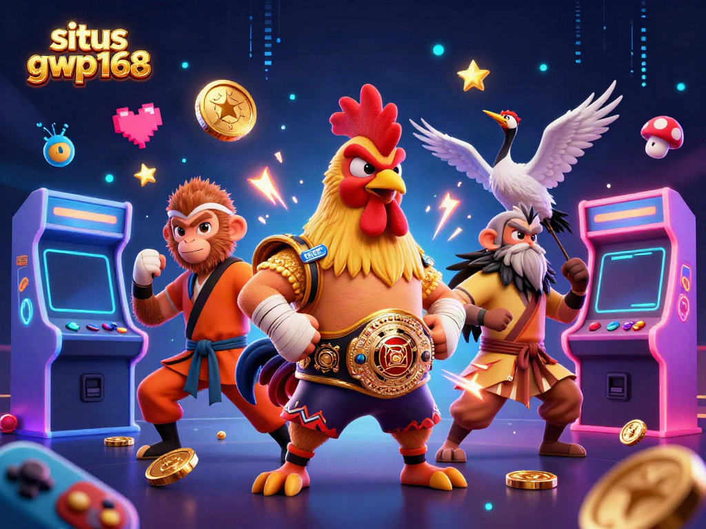 Ilustrasi situs gwp168 menampilkan ayam Muay Thai dan monyet seni bela diri di lingkungan kasino.