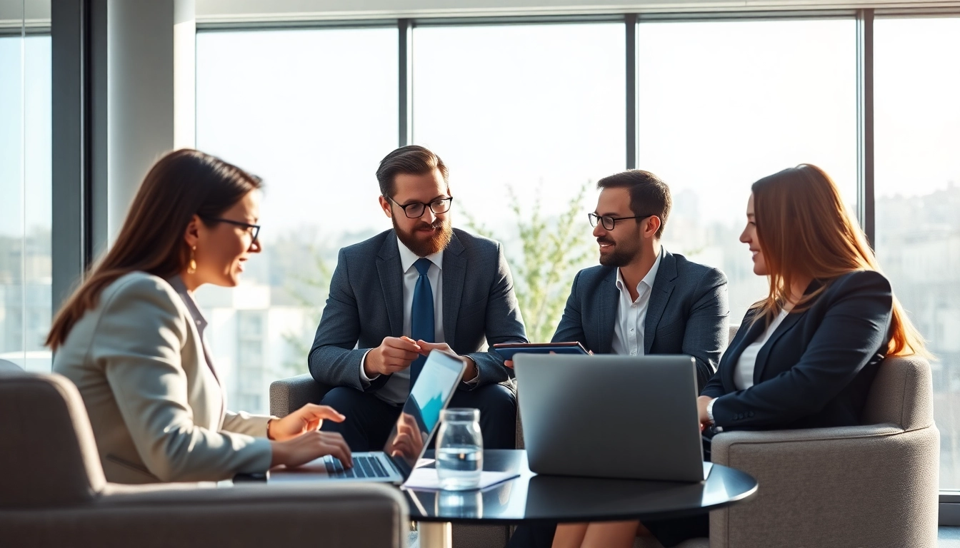 Professional financial meeting showcasing 33WIN's consultancy expertise with business charts and technology.