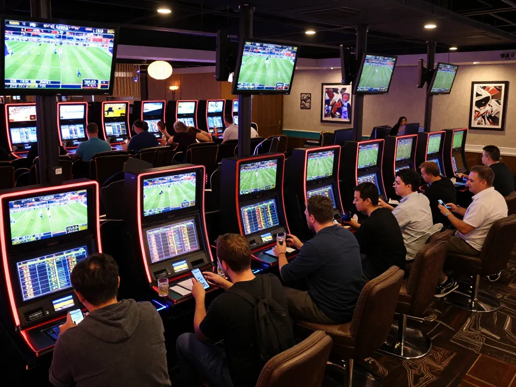 Engaged bettors analyzing Q88 betting odds in a lively sports lounge.