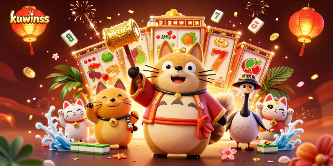 Experience the vibrant luck of kuwinss with a playful tanuki and colorful fortune cats in an exciting casino scene.
