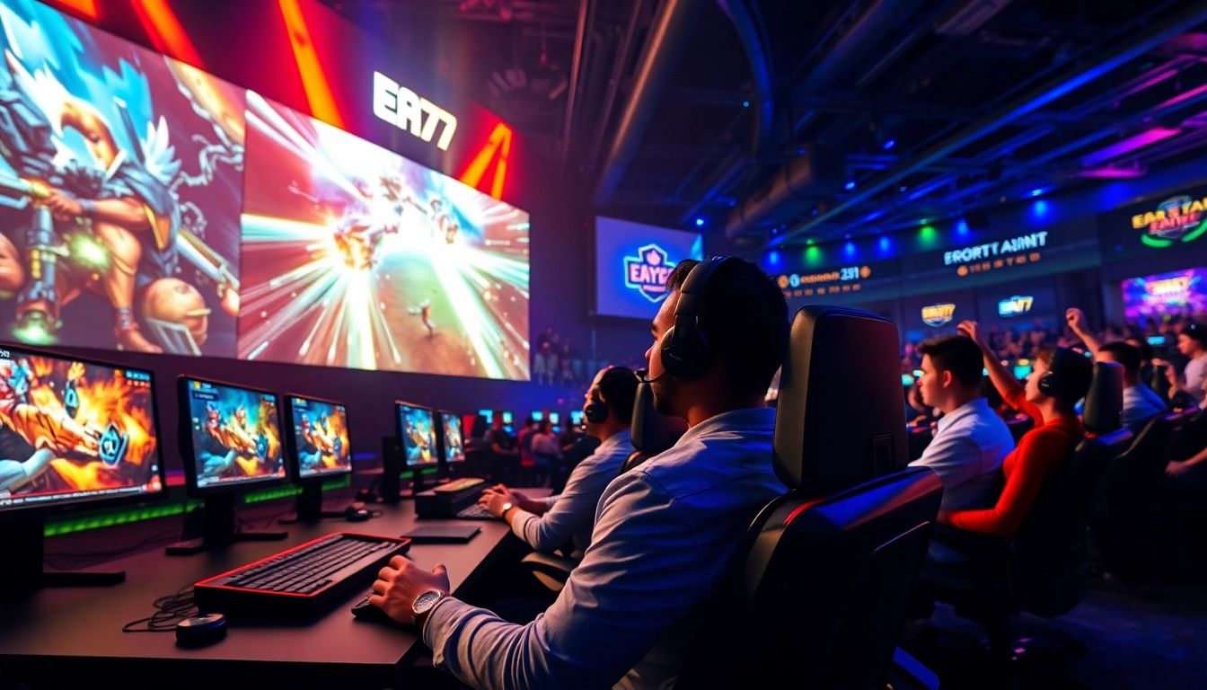 EA77 online gaming platform showcasing exciting esports arena with players and vibrant atmosphere.