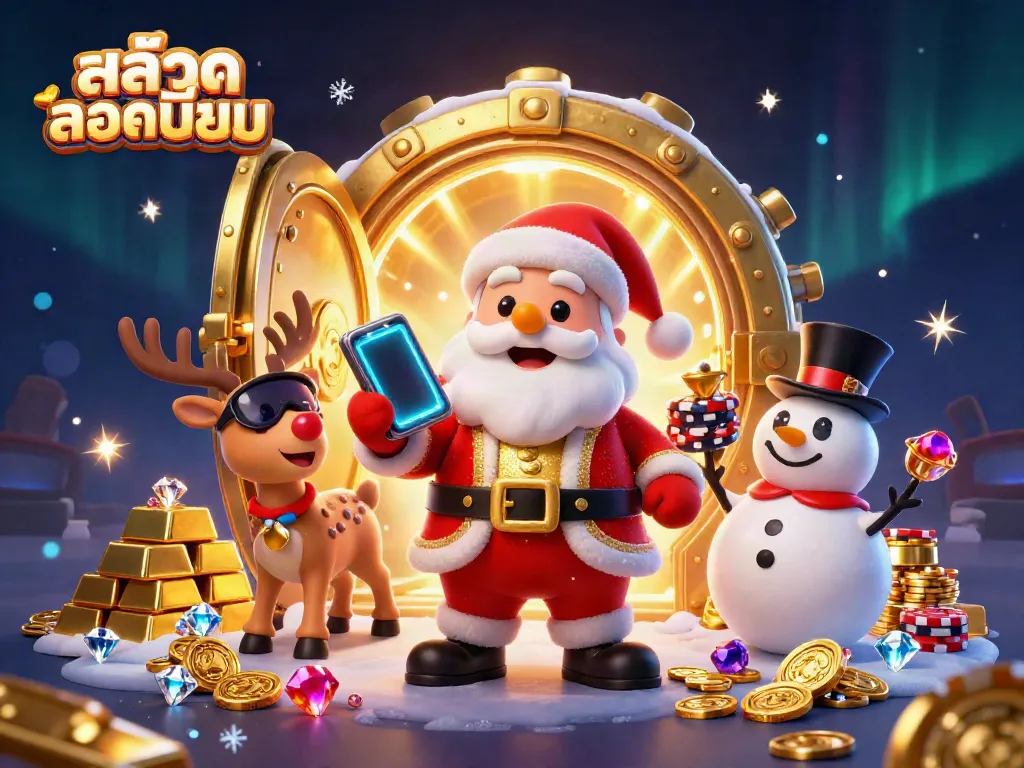 Experience the excitement of สล็อตยอดนิยม with Santa and friends in a richly illustrated casino scene.