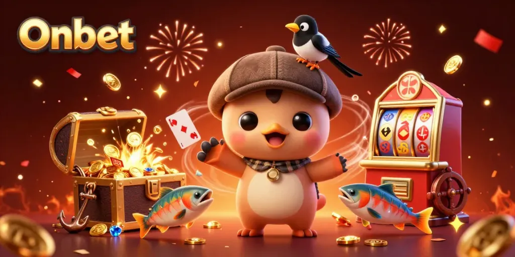 Engage in thrilling gaming action at Onbet, highlighted by a cute cartoon Nessie with playful elements and casino motifs.