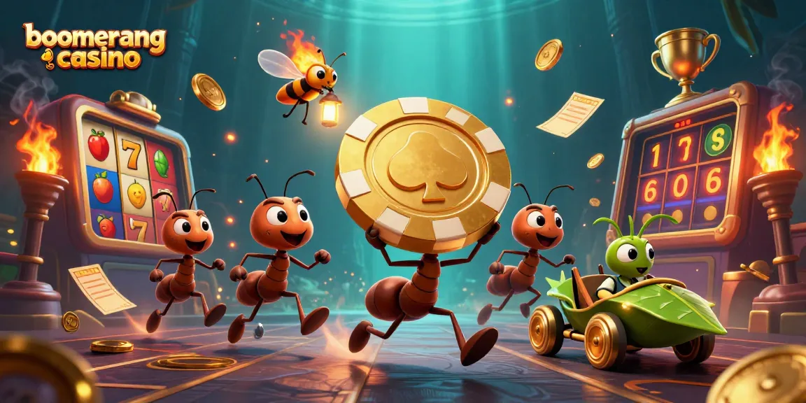 Uživajte v igrah boomerang casino s 3D ilustracijo pustolovskih mravelj, ki kradejo zlati žeton.