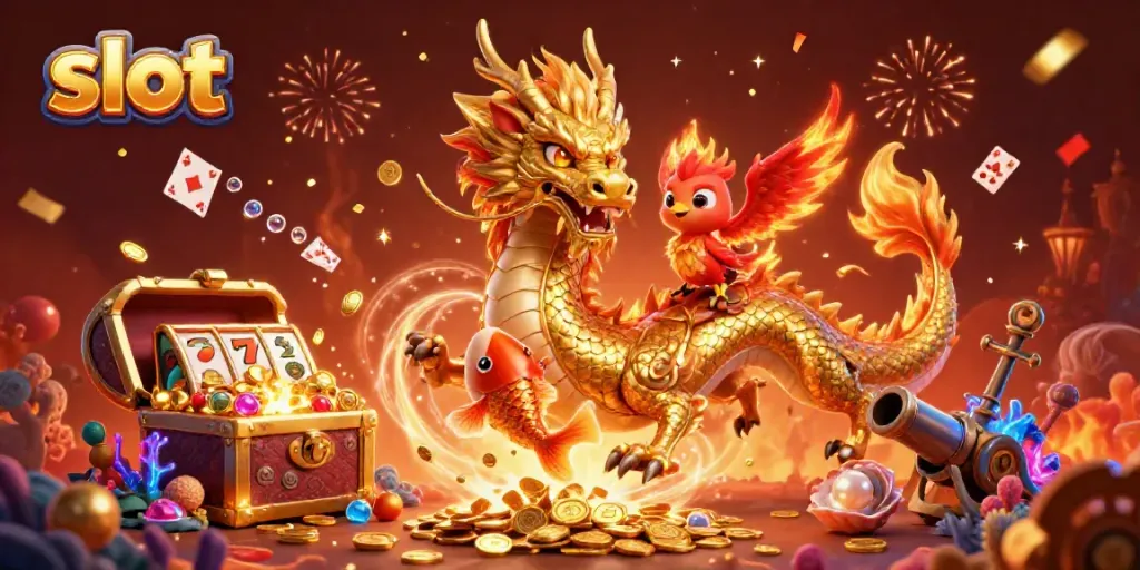 Immerse yourself in the excitement of slot games with a vibrant scene featuring a golden dragon and phoenix.
