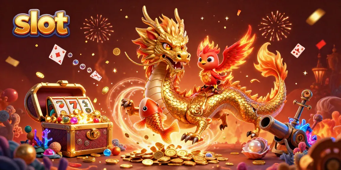 Immerse yourself in the excitement of slot games with a vibrant scene featuring a golden dragon and phoenix.