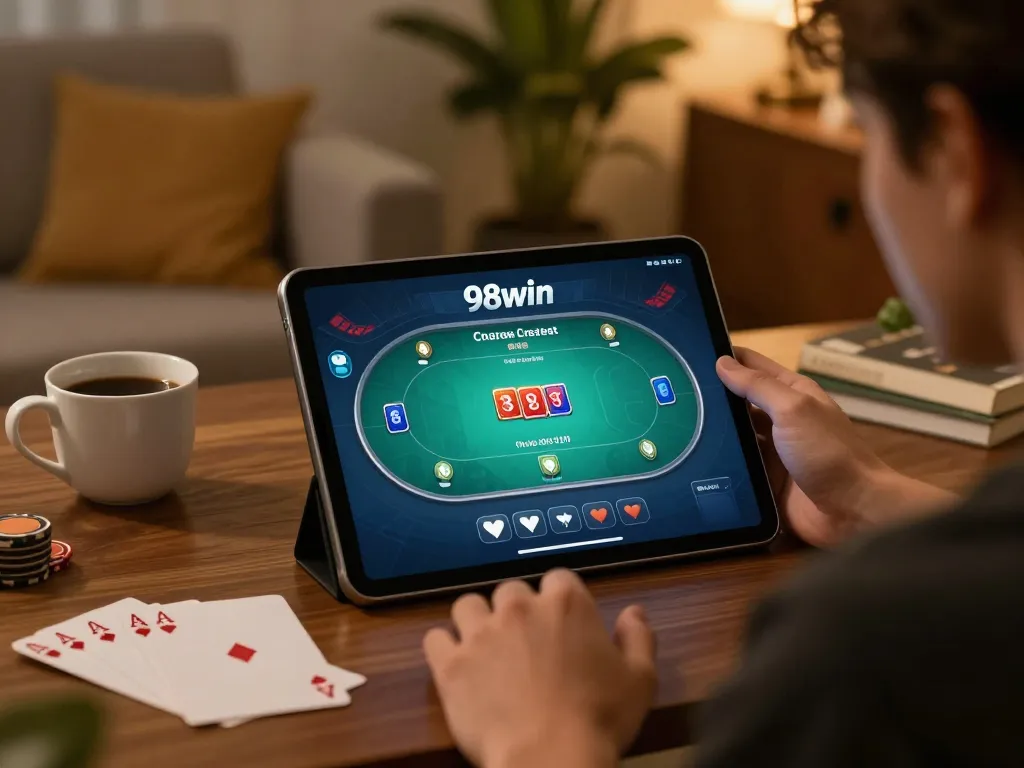 Engaging with app 98win for online poker gaming in a cozy home setting, showcasing strategic betting.
