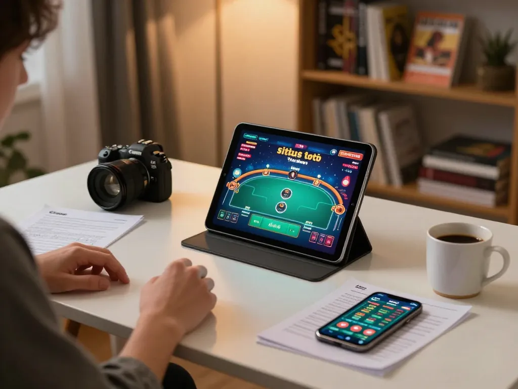 Situs toto online gaming setup with engaging poker game displayed on tablet, welcoming home environment