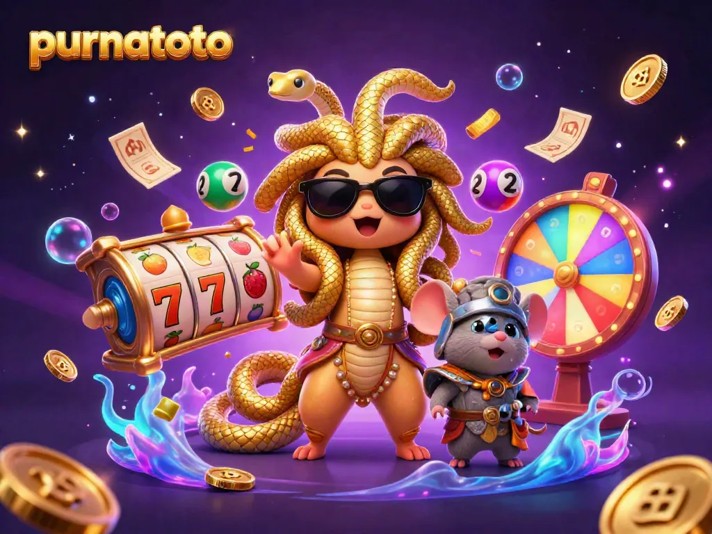 Mainkan purnatoto dengan Medusa dan mouse pelindung, dikelilingi elemen mesin slot dan lotre.