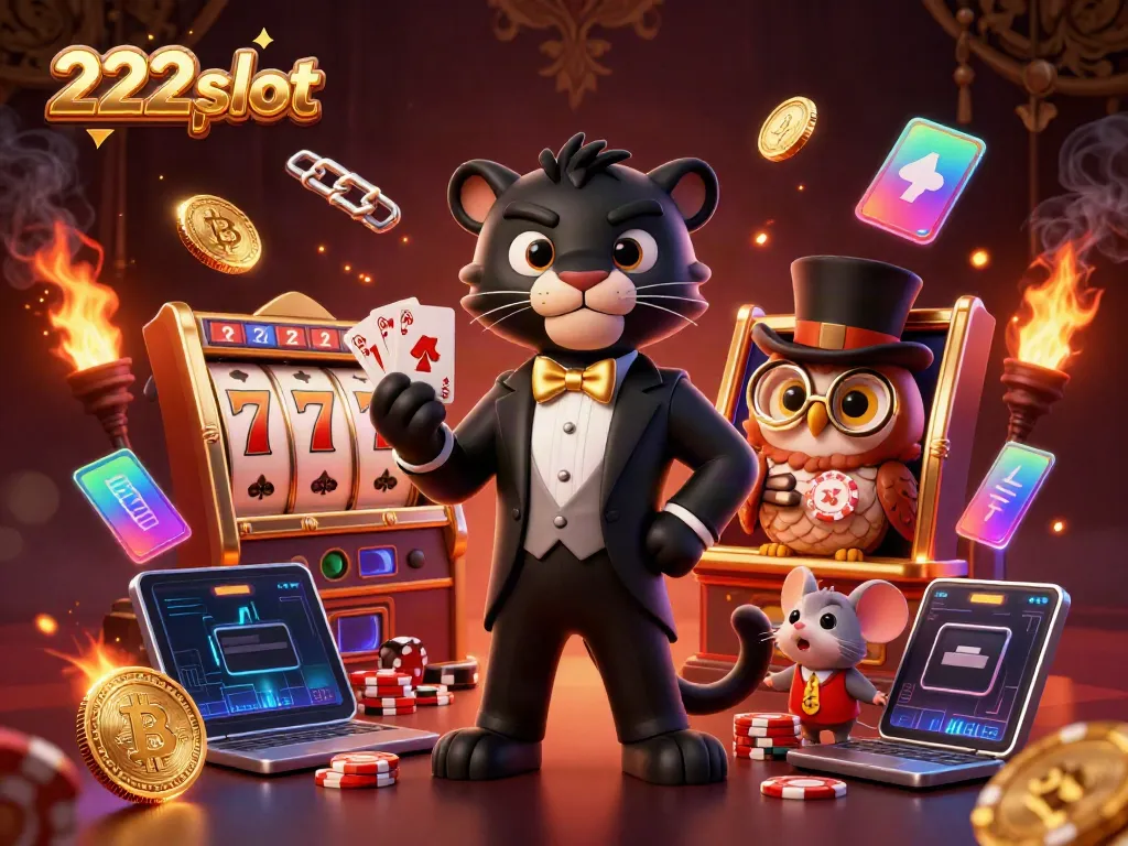 Gambarkan momen mendebarkan bermain slot 222slot dengan karakter menarik dalam suasana glamor.