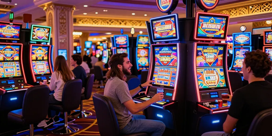 Friends celebrating a win at the Lucky777 slot machine in a vibrant casino.