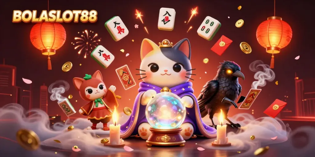BOLASLOT88 showcases a mystical scene with a fortune teller cat and tarot raven amidst dynamic casino symbols.