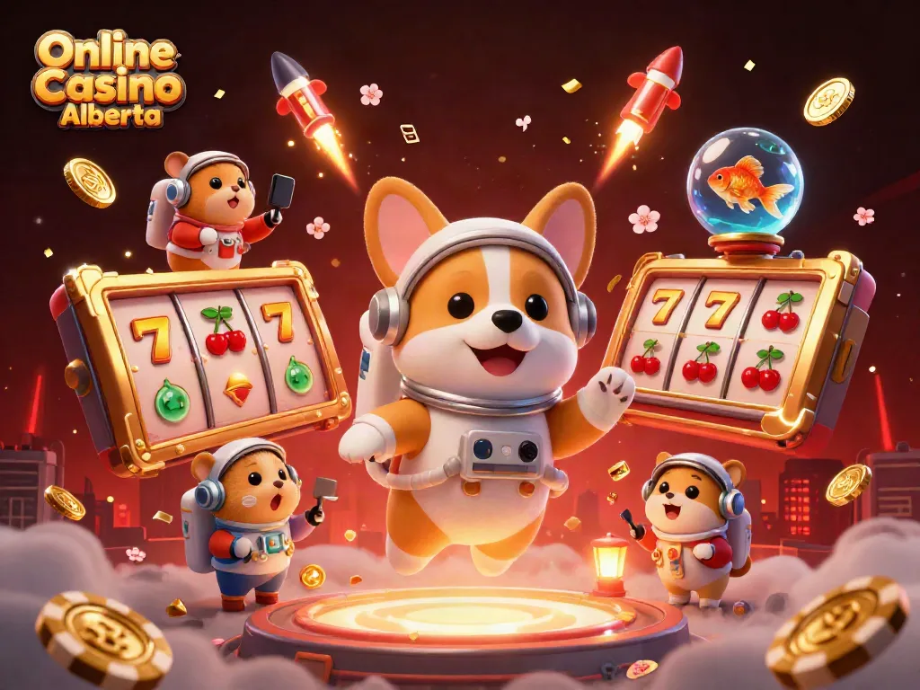 Engage with thrilling games at Online Casino Alberta, featuring slot reels and festive casino elements.
