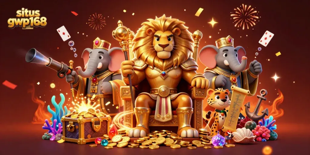 Gambaran menarik situs gwp168 dengan singa kuno di takhta, menonjolkan permainan kasino.