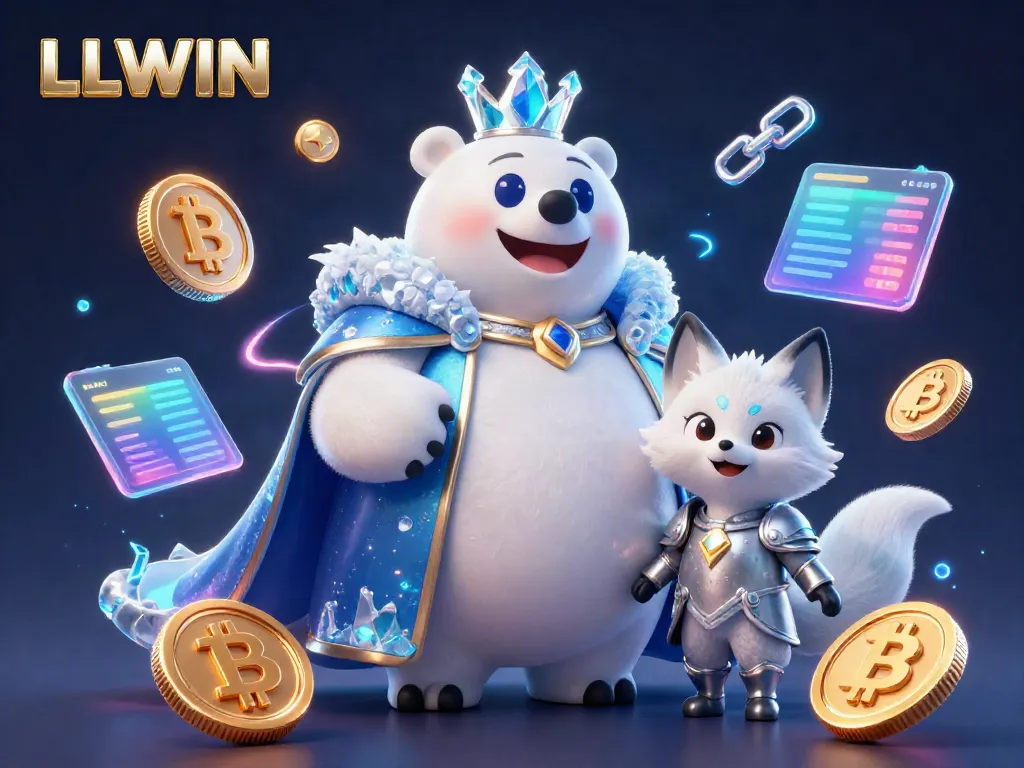 Experience the magic of LLWIN with vibrant 3D illustration showcasing the ice king and snow fox amidst crypto elements.