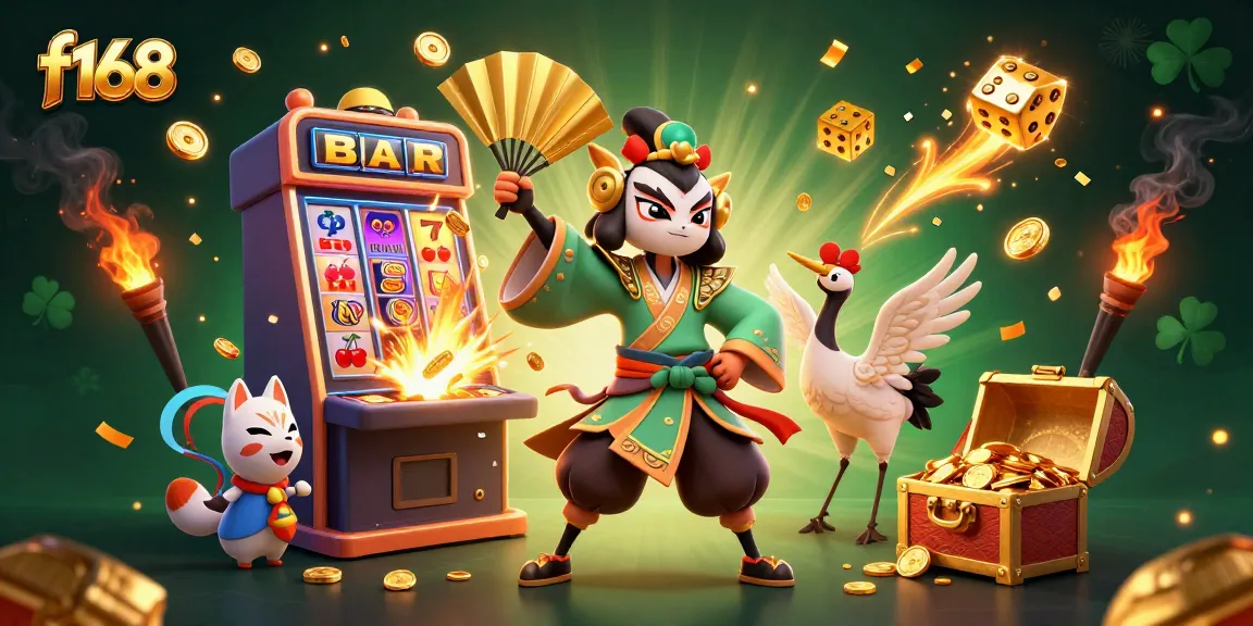 Engage in thrilling slots at f168 with a vibrant illustration of kabuki warrior and game elements.